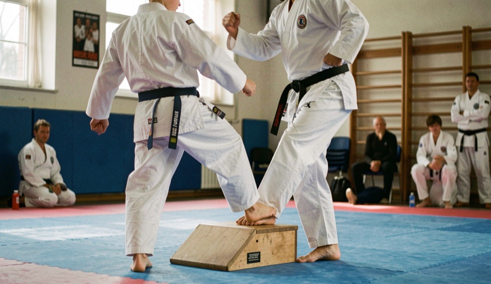 Twee karateka in witte pakken op een blauwe mat, de een stapt schuin naast een lage trap van de ander en draait mee