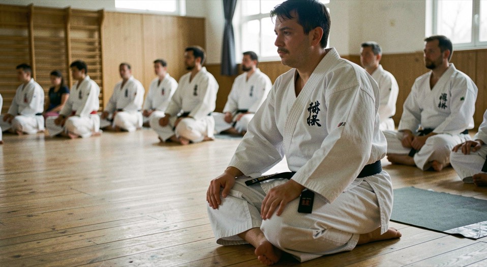 Rij karateka zit geknield in seiza aan het begin van een training in een zaal met houten vloer