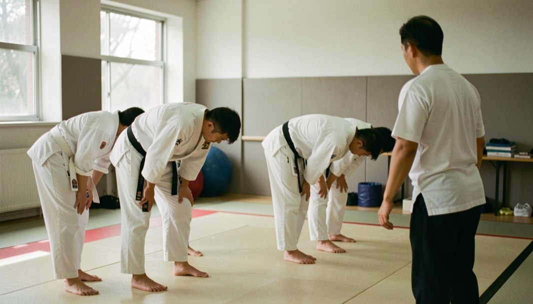 Rij karateka in wit pak buigt tegelijk aan het begin van een training, de leraar staat tegenover hen