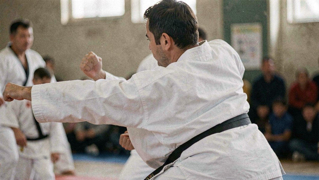 Karateka in wit pak in zijaanzicht tijdens een stoot, met de schouder laag en de heup zichtbaar meegedraaid