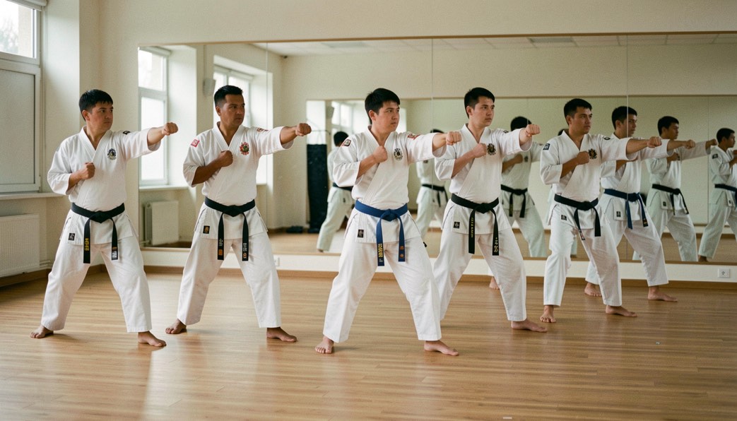 Rij van zes karateka voert tegelijk een gestrekte vuiststoot uit in een zaal met houten vloer en spiegelwand