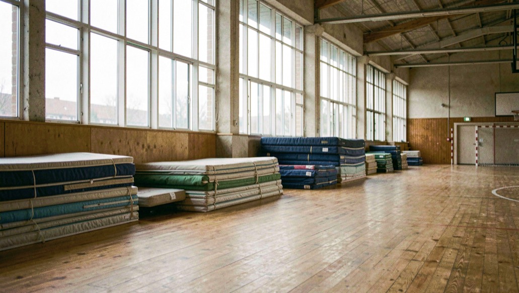 Een rij kruisbogen op een schietlijn van een Zwitserse buitenbaan, met een baancommissaris die het startsignaal geeft en een controleur die een boog bekijkt, in helder daglicht en met de 30 meter verder gelegen doelen op de achtergrond.