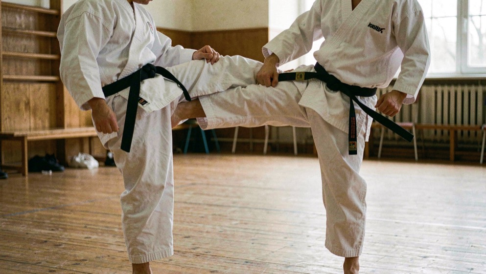 Karateka in wit pak met zwarte band plaatst een lage trap tegen het bovenbeen van zijn partner in een zaal met houten vloer
