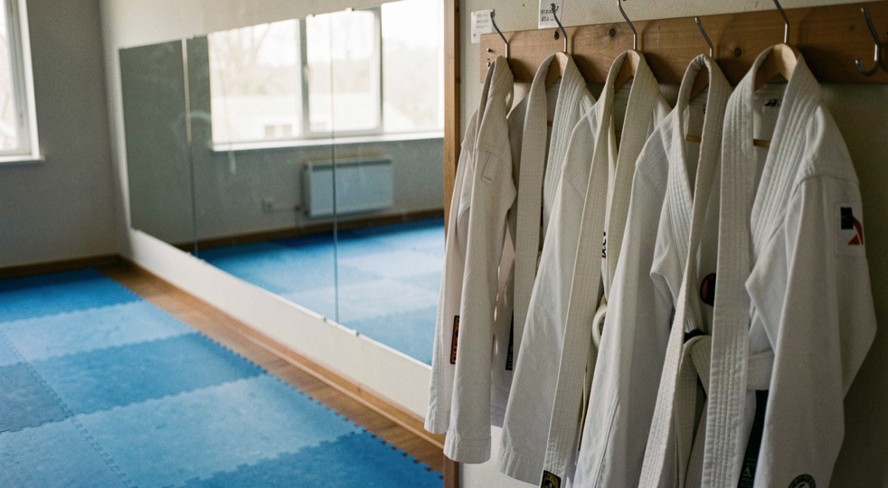 Lege sportzaal met blauwe mat, spiegelwand en een rij witte karategordels aan een haak