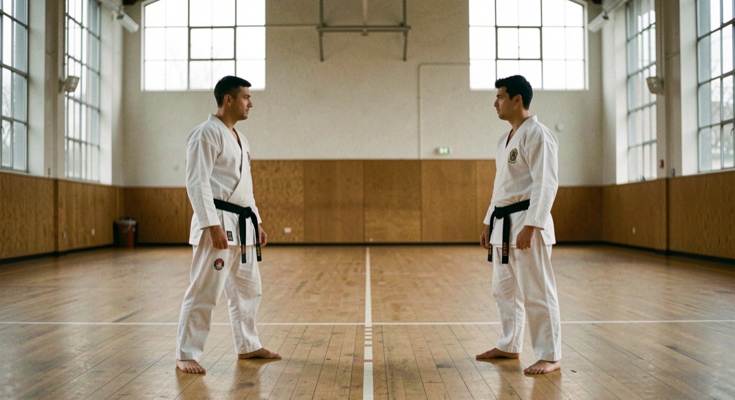 Twee karateka in wit karatepak staan tegenover elkaar in een lege sportzaal met houten vloer en hoge ramen