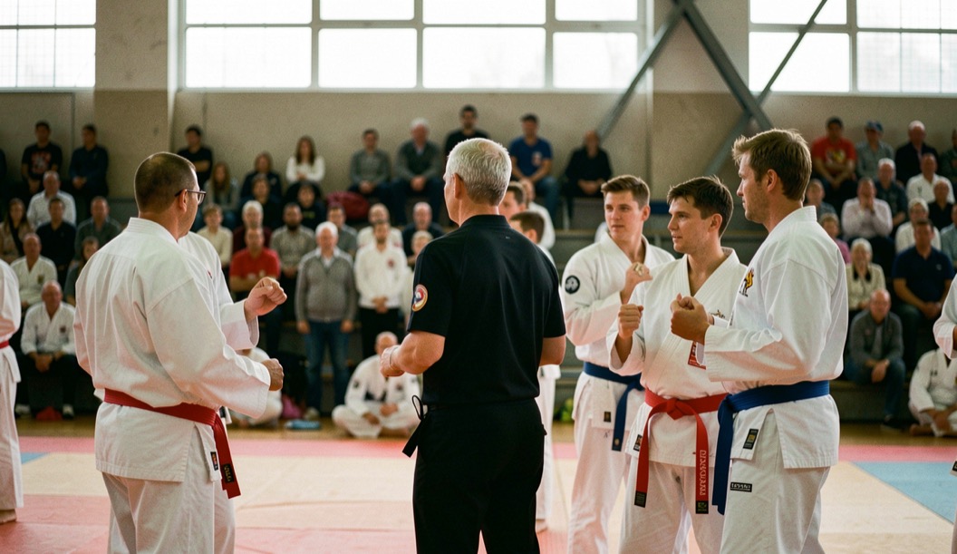 Wedstrijdmat met scheidsrechter en twee karateka met rode en blauwe band tijdens een toernooi in een sporthal