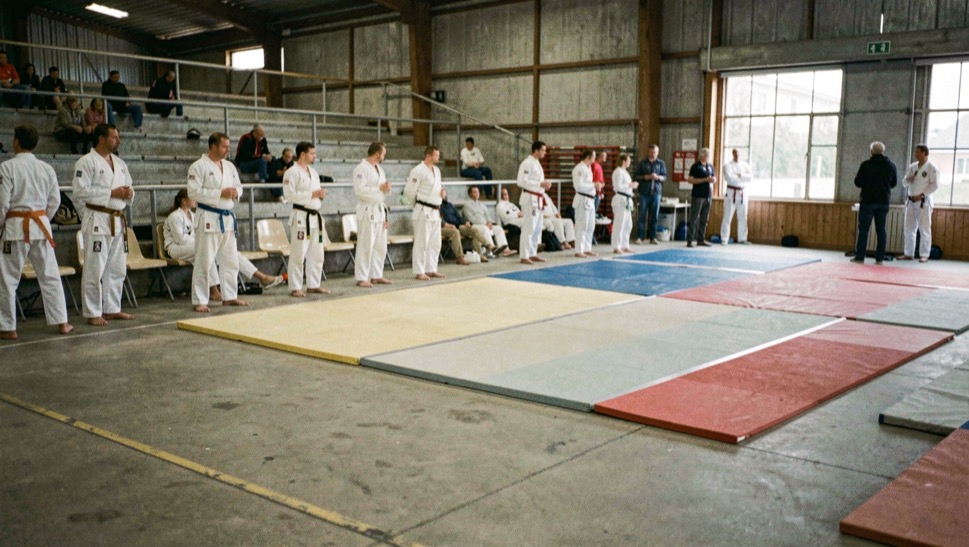 Sporthal met vier wedstrijdmatten naast elkaar, deelnemers in witte pakken wachten langs de kant