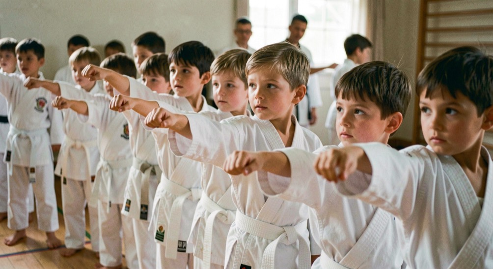Kinderen in witte karatepakken staan in een rij en steken tegelijk een arm vooruit