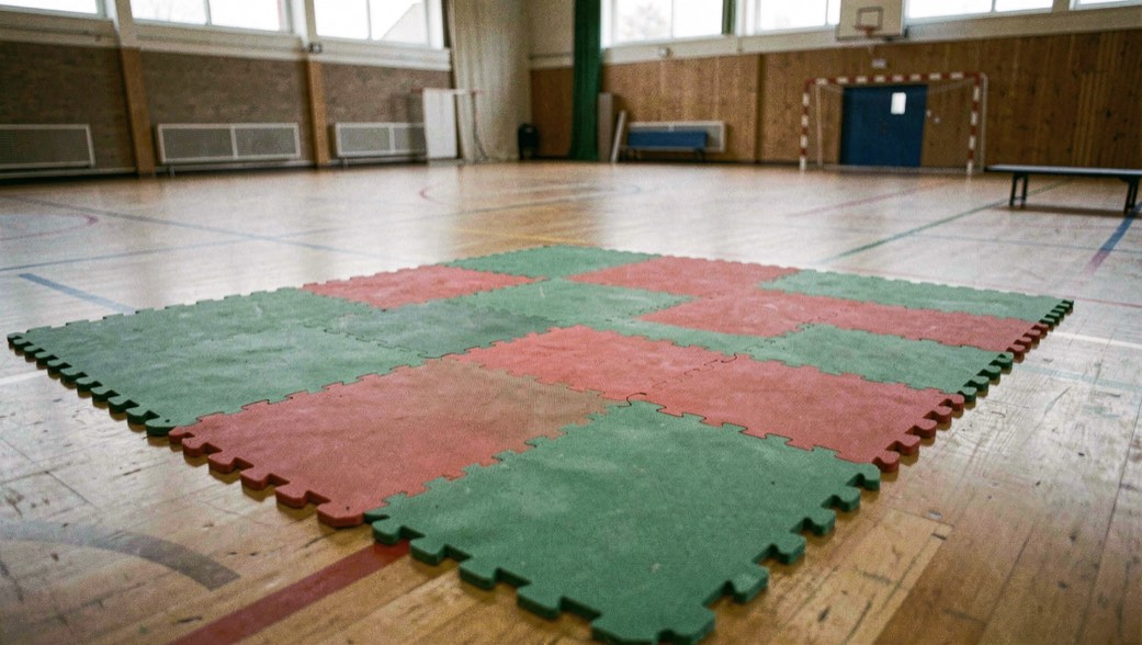 Groene en rode puzzelmatten aan elkaar gelegd tot een vierkant vlak in een sporthal