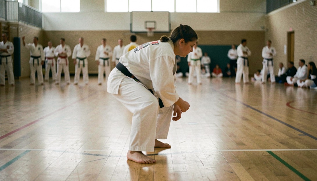 Karateka houdt een lage voorwaartse stand aan op een houten sportvloer, van opzij gezien