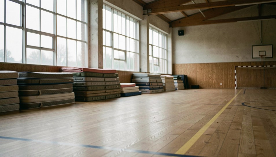 Lege sportzaal met houten vloer en hoge ramen, matten opgestapeld langs de wand