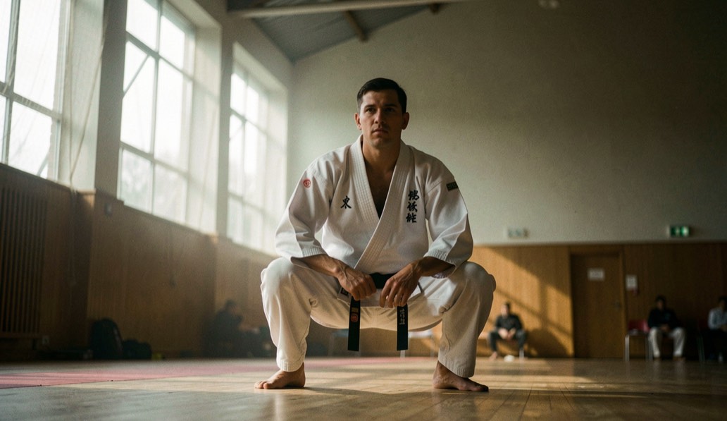 Karateka in wit pak houdt een lage stand aan in een schemerige sportzaal, met licht dat schuin door hoge ramen valt