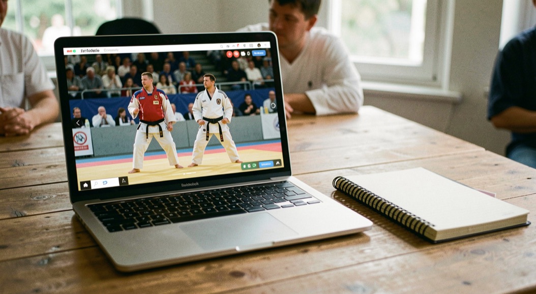 Laptop op een houten tafel toont een stilstaand beeld van twee karateka op een wedstrijdmat, met een notitieblok ernaast